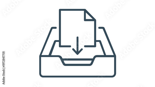 Minimalist vector icon illustration of a paper document with a downward arrow being placed into an office inbox tray. Clean line art for business workflow, file management, and organization.