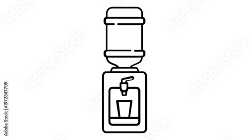 Minimalist water cooler line icon vector illustration featuring a water dispenser with a bottle and cup, perfect for office workspace, hydration, health, and business environment themes. Scalable.