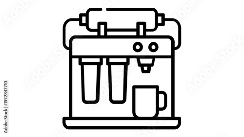 Minimalist water cooler line icon illustration featuring a water purification system with filters and a cup, perfect for office workspace, home kitchen, and healthy hydration vector concepts.