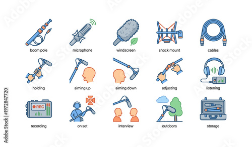 Audio equipment icons for recording and production with boom pole, microphone, and accessories