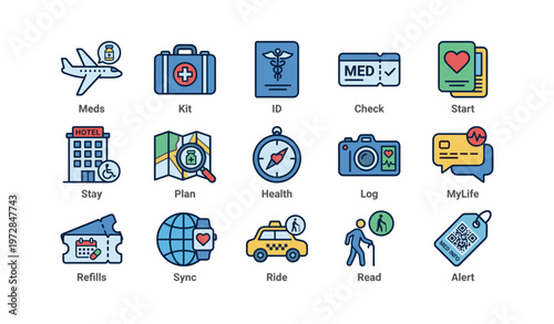 Colorful travel and health icons featuring map, taxi, and medical symbols