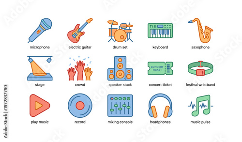 Colorful music icon set featuring instruments and audio accessories