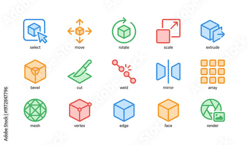 Colorful 3d modeling and animation icons for various tools and functions