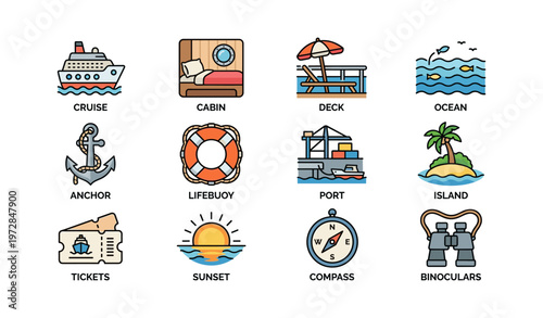 Nautical icons featuring cruise ship, anchor, lifebuoy, and more