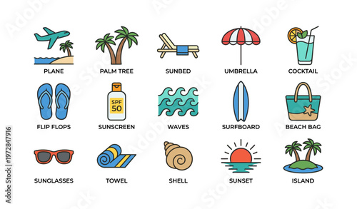 Summer icons: plane, palm tree, sunbed, umbrella, cocktail, flip flops, surfboard, beach