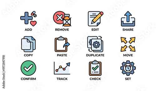 Colorful ui icons for common digital actions including add, remove, edit, share, and more