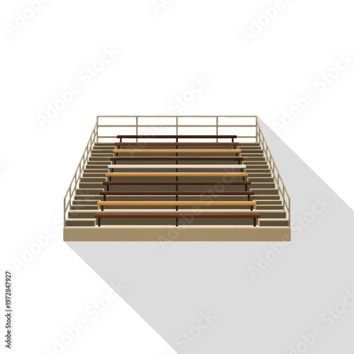 Empty wooden stadium bleachers with long shadows, classic architectural sports arena feel, monochromatic sepia palette, 4 colors: light brown, dark wood, sepia, grey, minimalist flat vector