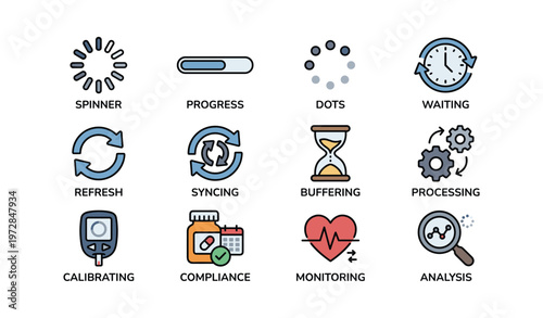 Set of technology icons illustrating progress and data processing concepts