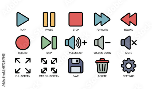 Multimedia control icons set including play, pause, stop, and more