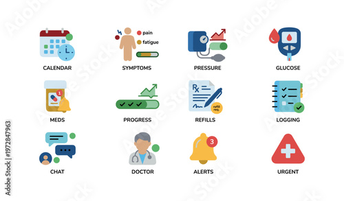 Healthcare management icons: calendar, symptoms, pressure, glucose, meds, progress, refills, logging