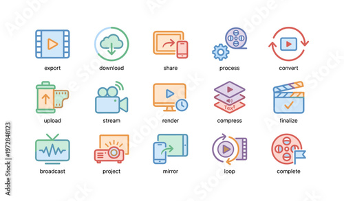 Colorful media icons representing various digital actions and processes