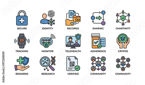 Healthcare icons: identity, records, sharing, telehealth, community involvement