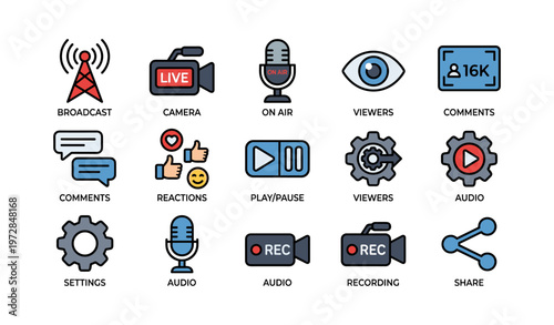 Broadcast and recording icons: camera, microphone, live stream, reactions, settings