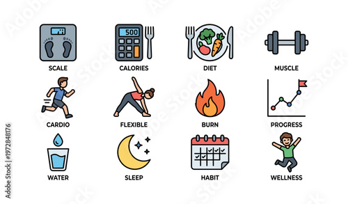 Health and fitness icons: diet, exercise, progress, wellness, habits