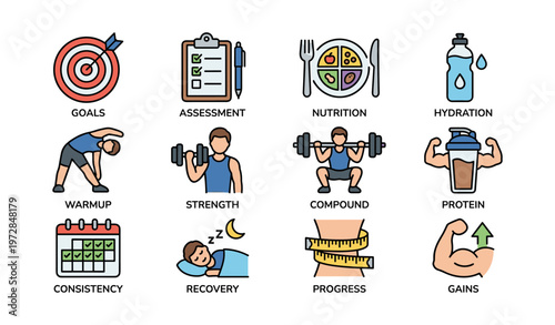 Fitness icons representing goals, nutrition, recovery, and strength training