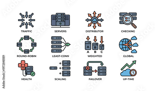 Network infrastructure icons: traffic, servers, global, failover, up-time