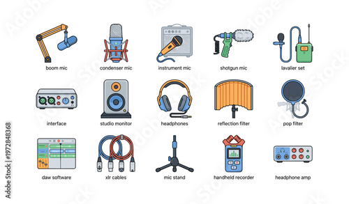 Audio equipment collection: microphones, headphones, and recording gear