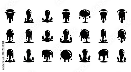 Black dripping paint bucket icons, drippy paint can symbols, melting bucket graphics, liquid paint splatter illustrations, 20 black silhouette graphics