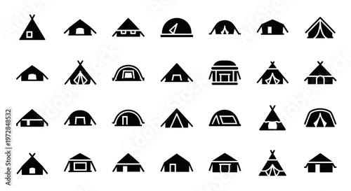 Black tent icons, camping symbols, outdoor shelter graphics, travel illustrations, 25 tent shapes