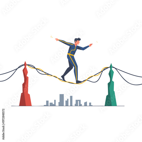 Person walking on tightrope made of wires