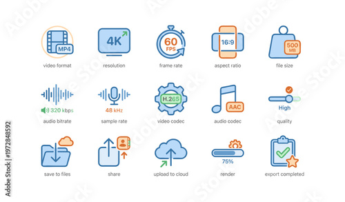 Multimedia settings icons for video and audio encoding and sharing