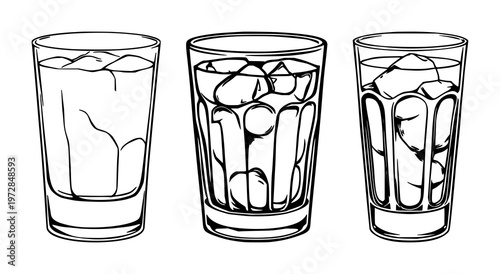 Classic rocks glass set with black line art illustration on white background featuring glassware, drinkware, beverages with elegant and minimalist design