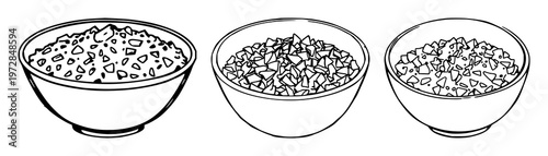 Sea salt flakes bowl set with minimal black line art design featuring sea salt flakes, bowl, simple illustration with monochrome and culinary and kitchenware