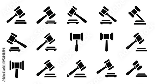 Gavel icons, judge hammer symbols, law auction signs, black vector graphics set