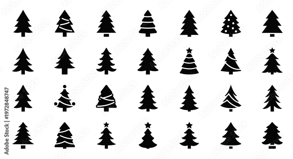 Obraz premium Christmas tree icons, black and white, vector illustrations, 25 trees, holiday symbols, decorations