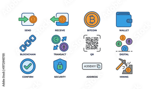 Cryptocurrency icons: send, receive, bitcoin, wallet, blockchain, security