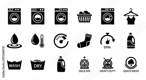 Laundry icons, washing symbols, dry cleaning signs, 20 black and white vector graphics