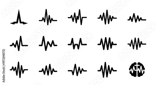 Sound wave icons, audio signal vectors, waveform graphics, black illustrations