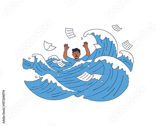 Person drowning in paper waves