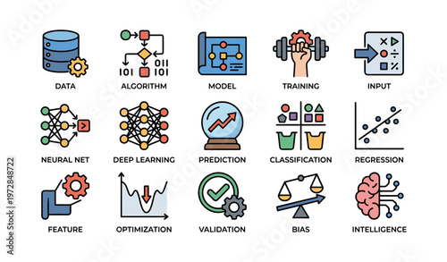 Data science icons featuring neural networks deep learning and artificial intelligence concepts
