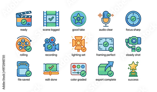 Film production icons: camera, audio, editing, lighting, export, success symbols