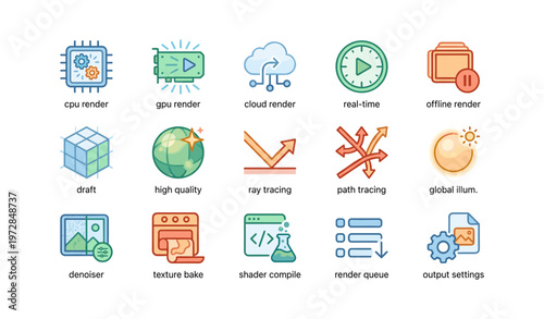 Set of 16 colorful icons related to rendering techniques and tools