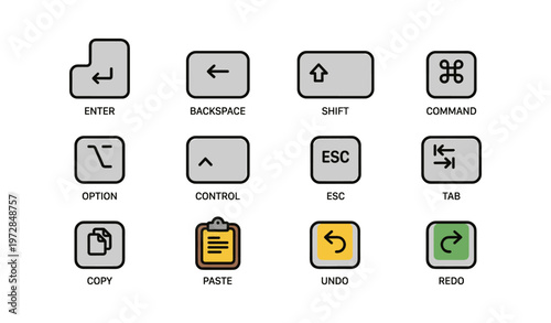 Computer keyboard shortcut icons for enter, control, shift, esc, and more
