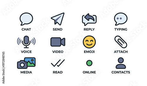 Communication icons: chat, send, reply, typing, voice, video, emoji, attach, media, read, online, contacts