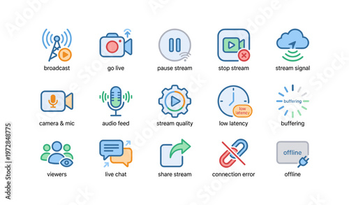 Icons for streaming: broadcast, go live, pause, stop, stream signal, audio, video, connectivity
