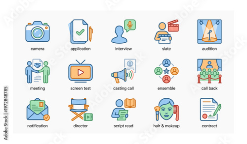 Various icons representing film production processes and elements