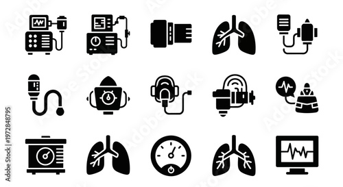 Medical equipment icons, healthcare symbols, lung and respiratory signs, medical device illustrations, black vector icons