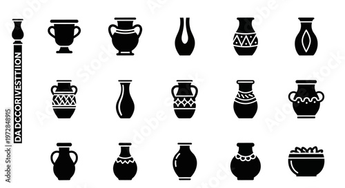 Black and white vase icons, ceramic vessel set, 20 decorative pottery graphics, vector illustration