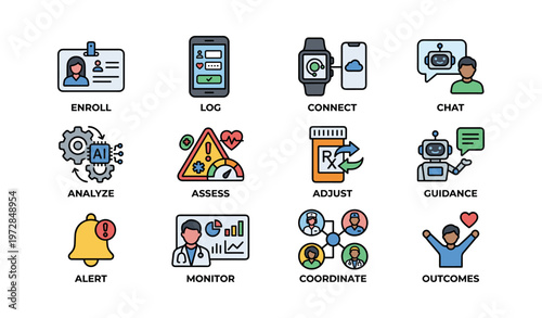 Illustrated icons representing digital platform functions and features