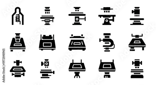 Sewing machine icons, black vector set, 15 sewing tools, embroidery equipment symbols