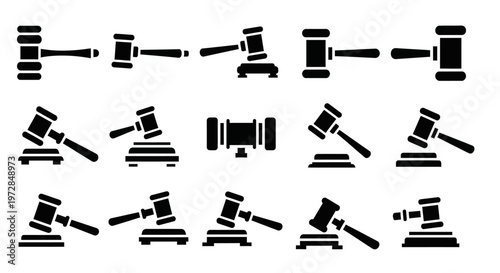Gavel icons, law symbols, court signs, judge hammer, legal graphics, 16 black vector illustrations