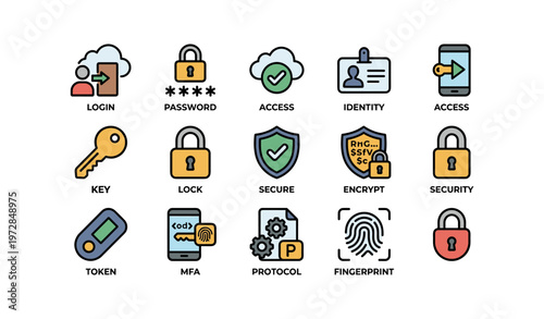 Cybersecurity icons: login, password, access control, security protocols, identity verification