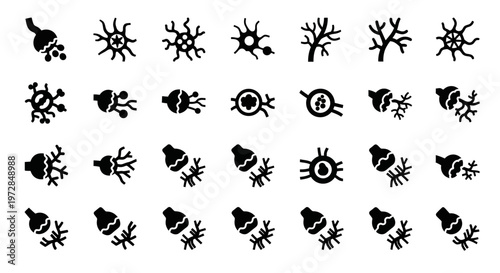 Black neuron, brain cell, and nervous system icons, 25 piece vector set, simple silhouette style, for medical and science designs