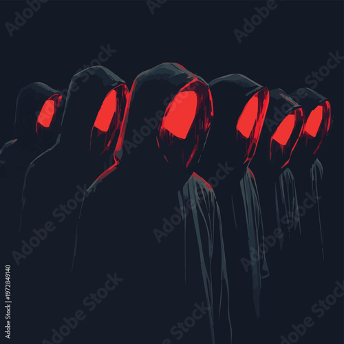 A group of mysterious hooded figures with glowing eyes, embodying anonymity and intrigue in a dark atmosphere.
