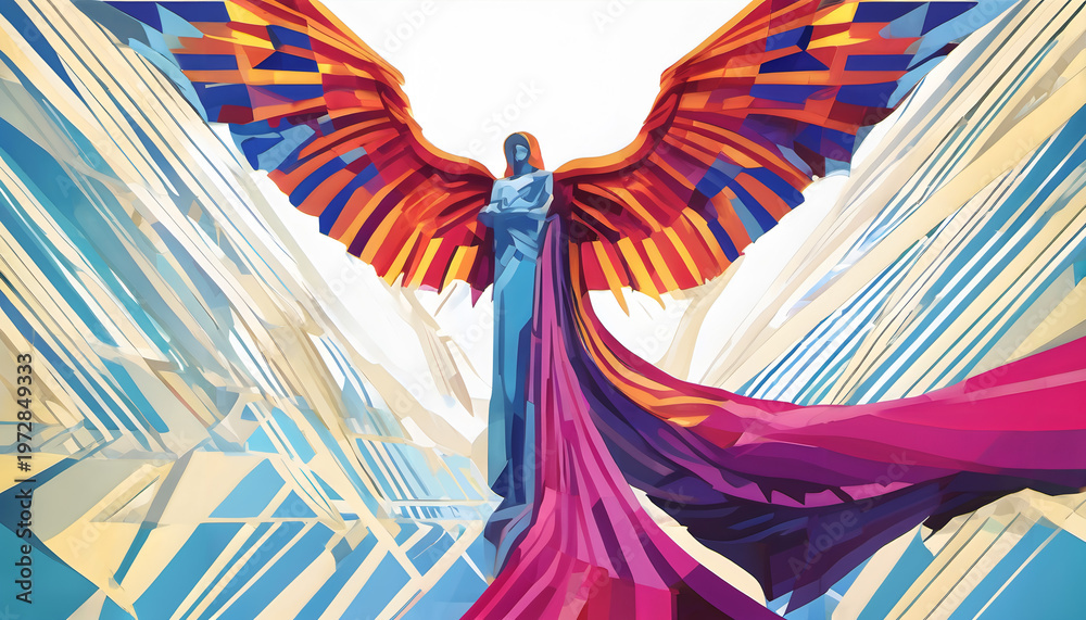 Fototapeta premium Ethereal Winged Figure with Vibrant Geometric Wings in Digital Art Style