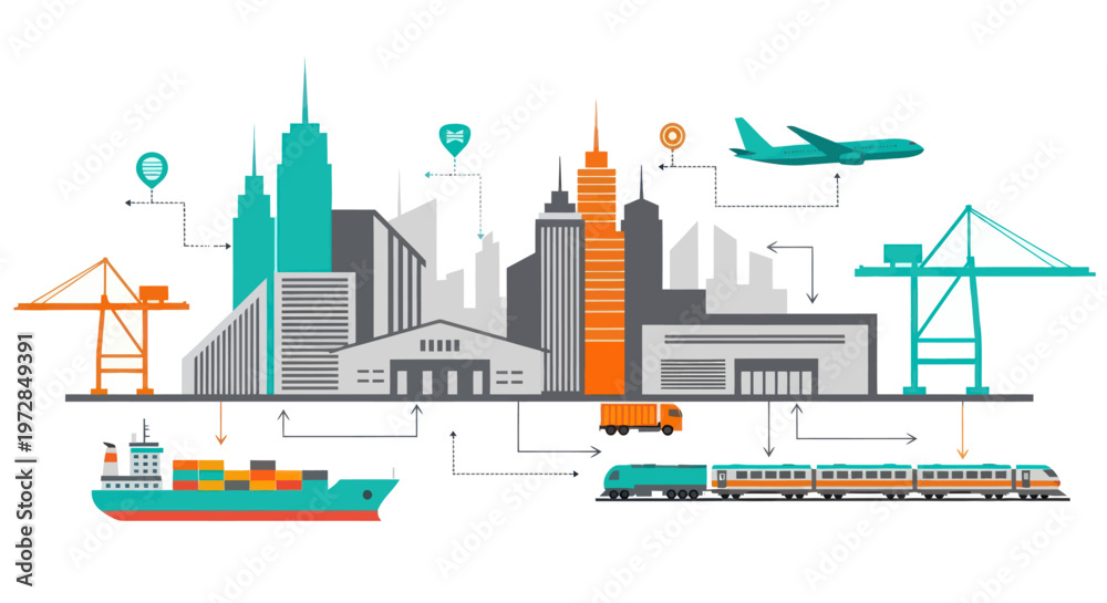 Fototapeta premium Global logistics and transportation network with various shipping modes.